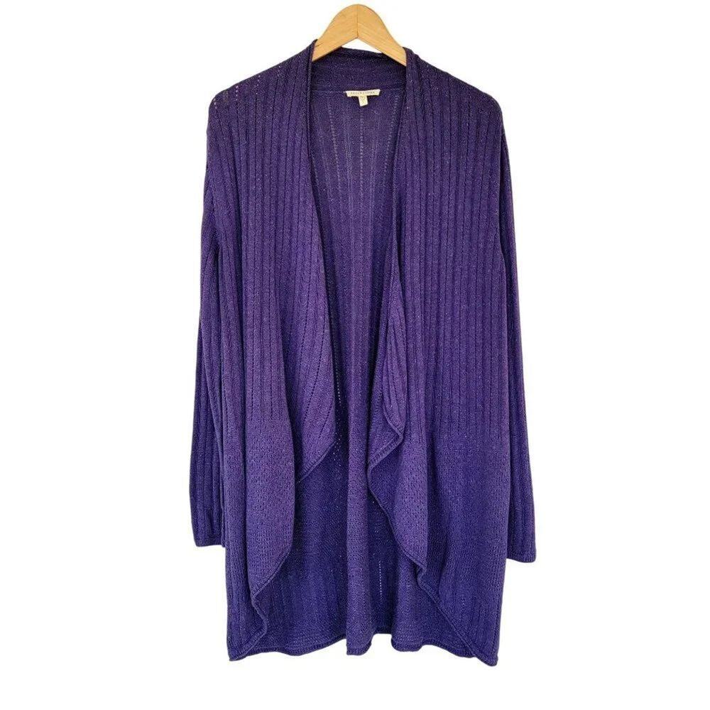 Eileen Fisher Long Sleeve Open Front Cardigan Womens Size L Purple Italian Yarn